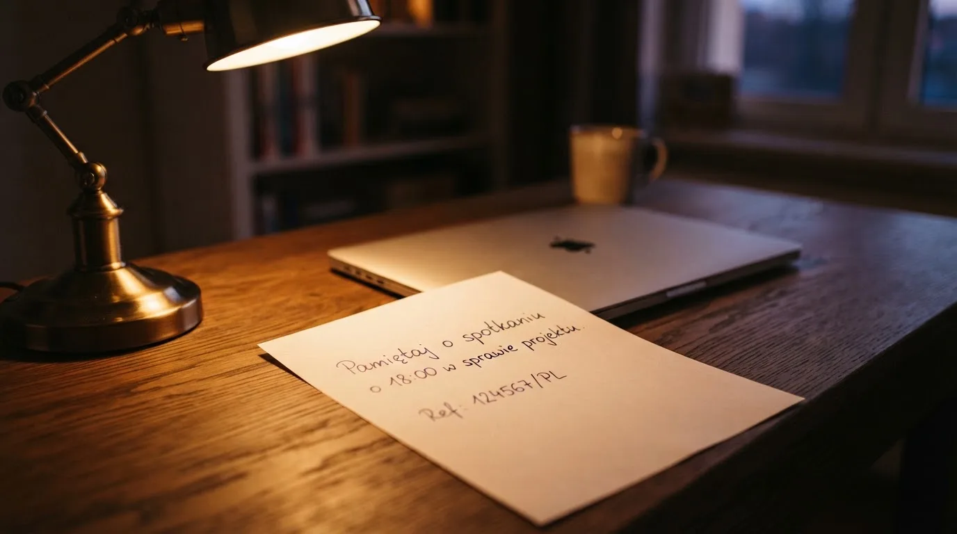 Kartka papieru z odręcznie zapisanym numerem licencji leżąca obok zamkniętego laptopa na biurku wieczorem.